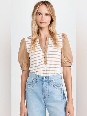 NWT Veronica Beard Kellie Striped V-Neck Blouse in White and Tan